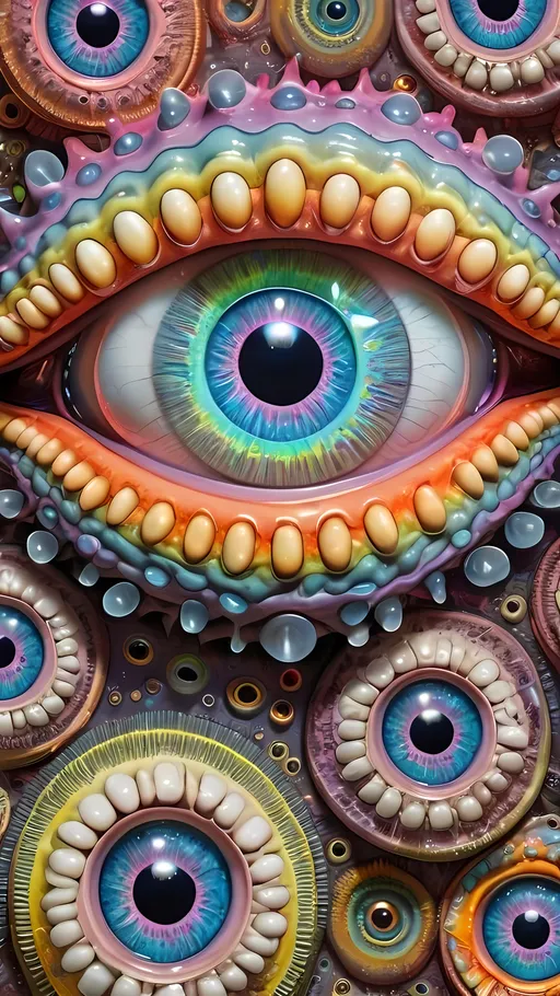 Prompt: an extremely hyper realistic ultra super textural weird trippy surreal psychedelic entity, Apollonian Gaskets, white, translucent, clear, bright bright pastel colors, oil slick rainbow sheen effect, lots and lots of light, lots of crazy colorful compound psychedelic human eyes, rows of human teeth, fungus, atoms, diatoms, Apollonian Gaskets