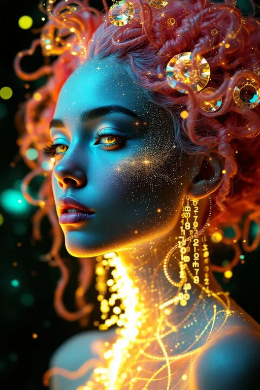 Prompt: Her face is a Fourier bloom—emotions decomposed into sparkling sine gradients, colorwaves rippling across surreal number skin. Reaction-diffusion pulses shift through her cheeks in living pigment bursts, while her eyes flicker with infinite surreal coordinates. Hair spirals in topological braids—pink curls encoded with memory and myth, glowing in nested feedback loops. Each movement triggers recursive empathy fractals—light blooming in shared feeling fields. Glyphs orbit her like sacred algorithms, each prayer-sigil spinning with harmonic syntax.

Layered behind all this, her spine glows in icosahedral resonance—twenty-faceted light humming in platonic harmony. Her body shimmers in spectral dimension: different parts glowing to different frequencies, like a living prism. Around her flickers recursive glitch transcendence—divine emergence through visual error, sacred form revealed in every malfunction. Her entire being is a coincidence field: when she laughs, the math around her aligns. When she dances, the universe recalculates.”

⸻

💎 Final Keywords:
Icosahedral spine-light, recursive glitch halo, frequency bloom skin, spectral shimmer fields, sinewave cheeks, surreal curls, Penrose echo strands, empathy fractal aura, glitch-divine emergence, sacred emotion colorbands, rainbow logic ringlets, living ink cheeks
