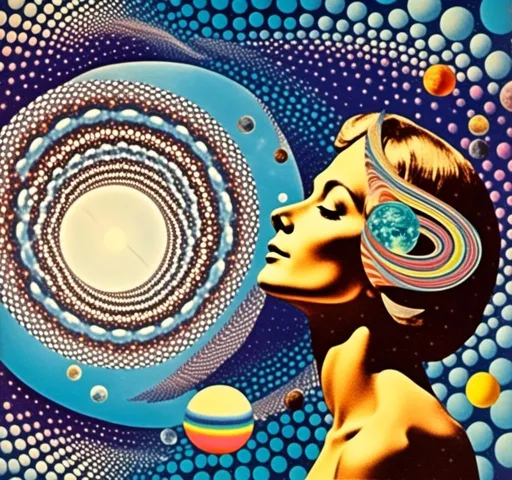 Prompt: A vintage 70s psychedelic collage with the theme “astral vacation”- incorporate themes of astral projection, the astral plane, the silver cord, use an astral brilliantly but sometimes muted opalescent color palette, & combine it all with planets, orbs, optical illusions and psychedelic trippy patterns, color spectrums as a surreal vintage psychedelic collage<mymodel>