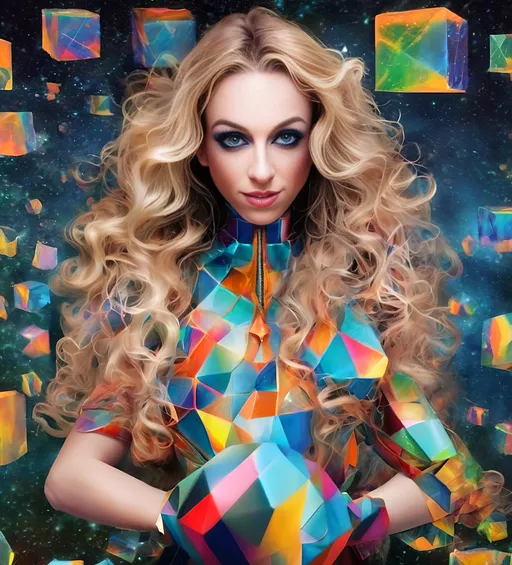 Prompt: a psychedelic hallucination of a female with long blond curly hair modeling avant Garde fashions accessories and makeup created directly out of multidimensional geometry fractals, hypercubes, non Euclidean geometry, psychedelic fashion halucinations 