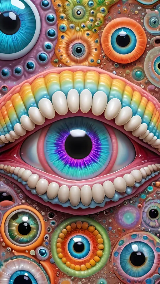 Prompt: an extremely hyper realistic ultra super textural weird trippy surreal psychedelic entity, Peano Curve, apollonian gaskets, catenoids, white, translucent, clear, bright bright feminine pastel colors, oil slick rainbow sheen effect, lots and lots of light, lots of crazy colorful compound psychedelic human eyes, rows of human teeth, fungus, atoms, diatoms, enneper sufaces, apollonian gaskets, Peano Curve