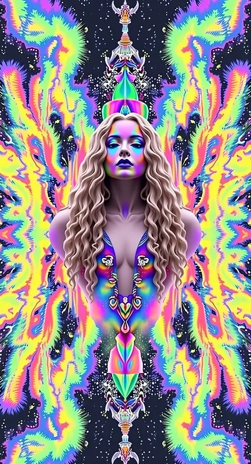 Prompt: Create a super hyperrealistic, finely detailed psychedelic Nouveau illustration of a Cosmic Jester. Feature the word "MERRYPRANXTER" worked organically into the background somehow.  This enchanting character is a merry prankster of the cosmos, an astral jokester dancing through time and space. She exudes a jester vibe, wearing feminine holographic jester attire & makeup with a feminine, harlequin twist. Not human, but humanoid, she is crafted from vibrant colored light, embodying an extra-dimensional extraterrestrial essence. Her presence is a beacon of joy, as she laughs and twirls through the cosmic astral realms, elevating vibes wherever she roams. 

Her beauty is otherworldly, with long, curly hair that shimmers like a cascade of colored light, appearing blonde yet transcending earthly hues. Her eyes sparkle with mischievous wisdom, and her attire is a dazzling array of intricate patterns and swirling colors, reminiscent of both jester garb and celestial phenomena.

Incorporate the text "the merrypranxter" above her in smaller, elegant lettering, seamlessly blending into the cosmic background. This text should capture the essence of her playful spirit, as if it were a whisper from the universe itself. The illustration should radiate her vibrant energy, portraying her as a timeless wanderer spreading joy and wonder throughout the cosmos.