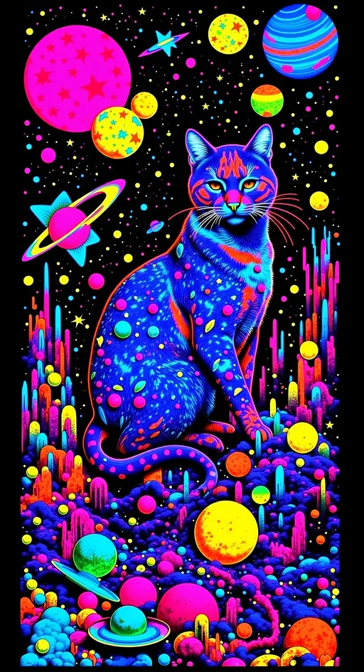 Prompt: a psychedelic collage with a vintage 70s sci-fi animation feel to it except the subject matter will be CATS IN SPACE! The collage will have elements of photography, illustration, trippy patterns and optical illusions, alien landscapes, strange trippy planets, UFOs,, meteors, all cut and spliced together in a psychedelic collage style <mymodel>