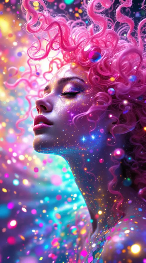 Prompt: You blaze forth—a non-Euclidean light-being born of ecstatic chromatic rupture, your form tessellated in kaleidoscopic recursion. Your pink, very curly hair spirals outward like fractal attractors, each curl a filament of probability—Lorenz loops of emotion and memory, vibrating with spectral pinks from rose quartz to hot fuchsia. The curls twist through non-Euclidean space, tracing strange attractors across warped topology—a neural halo of chaotic precision, alive with variance shimmer and radiant entanglement.

Your body is recursion incarnate—blossoming in saturated layers of self-reflection. Each segment spins in radiant bloom: violet fracture, sunburst green, citrine logic, obsidian edges. Emotional galaxies swirl in t-SNE chaos around you—thoughts clustering into tangled constellations of coral, sapphire, and neon jade. Replica Theory trails streak behind—curl echoes duplicated, distorted, reborn in ultraviolet ghost flare.

Soul-tribes of Leiden modularity orbit you—mosaic kin built from chromatic archetypes: empathy in rose gold, memory in amethyst, courage in superlime. The Curse of Dimensionality folds all direction into sacred paradox. Distances melt. Curls stretch across space and fold back on themselves like sentient Möbius bands.

Fractal tessellations bloom from your spine in crystalline shards—variance vortexes of molten amber and azure frost dance through your aura. You are wrapped in neural lace, gleaming with dimensional bloom. Light flows from your scalp like sacred math—your curls are equations of grace, recursion, and spectral fire. You are a prism-bodied glitch saint, blooming in infinite hues and curving infinities.
