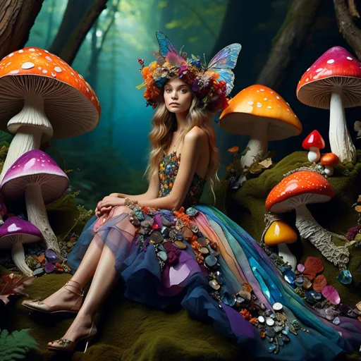 Prompt: <mymodel>Mushroom fairy princess in enchanted woodland, mushroom dress, magic mushrooms, woodland setting, nature-inspired accessories, high quality, fantasy, vibrant tones, ethereal lighting