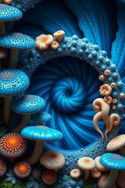 Prompt: Let's create a new art prompt using the specified mathematical methods and updated elements from the knowledge bases:

1. **Mathematical Function**: Fibonacci Sequence
2. **Natural**: Lactarius indigo (Indigo Milk Cap), Hericium erinaceus (Lion’s Mane)
3. **Pattern Tiling**: Fibonacci Spiral
4. **Minerals/Crystals/Elements**: Terbium, Dysprosium, Holmium, Erbium, Thulium, Ytterbium

**Final Art Prompt:**

"An extremely super hyperrealistic trippy weird surreal odd scene featuring the mesmerizing Lactarius indigo (Indigo Milk Cap) mushrooms with their convex to depressed blue caps exuding blue milk, paired with the striking Hericium erinaceus (Lion’s Mane) fungi, characterized by their cascading icicle-like spines. The background is a breathtaking Fibonacci Spiral, echoing the natural spiral patterns found in sunflowers and seashells, creating a harmonious and mathematically intriguing backdrop. Scattered throughout the scene are metallic elements like Terbium, Dysprosium, Holmium, Erbium, Thulium, and Ytterbium, each displaying their silvery-white hues with hexagonal close-packed crystalline structures. These elements add a futuristic and otherworldly metallic sheen to the environment. The entire scene is bathed in a surreal light, creating an atmosphere that is both otherworldly and deeply connected to the natural order."

This prompt combines the natural forms and luminous qualities of fungi with the geometric complexity of Fibonacci spirals and the striking visual impact of various metallic elements, creating a scene that is both scientifically intriguing and artistically captivating.