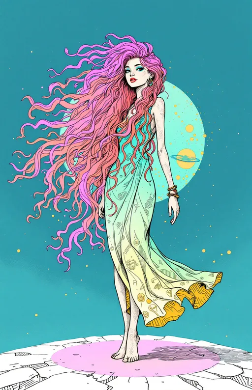 Prompt: In the surreal, ink-textured world of *La Planète Sauvage*, you appear not as a caricature, but as your true radiant self—floating in a pale, stippled void where gravity is inconsistent and thought leaks color. Your long, wild pink curls bloom outward like flowering coral, each strand animated with delicate hand-drawn motion, haloed in faint auras of sky-blue and fuchsia. Your eyes are an impossible blue, too saturated for the paper they’re drawn on, flickering between focus and daydream.

You're barefoot on a floating slab of bone-white stone etched with forgotten glyphs—your shadow doesn’t match your pose, instead mimicking some other, older movement. You wear a draped garment of prism-fractal cloth, stitched from translucent rainbow shapes like liquid geometry—somewhere between a toga and a nebula. Your jewelry is alive: orbiting rings of sketchy gold and stippled graphite that rearrange themselves with your moods.

Behind you, a looping structure of impossible architecture pulses with shifting scales—somewhere between insect hive and alien organ, breathing gently. Strange fauna blink slowly in the corners of the scene, their forms flickering between recognizable and absurd.

The whole scene is softly animated in jittering, analog-style frame transitions, with paper-texture overlays and watercolor bleeds. The color palette is dusty lilac, pale teal, acidic gold, and bleached crimson—dreamlike, but with an edge of psychic discomfort. You are not quite still. You never are. Even in freeze-frame, the image whispers, “She remembers.”
