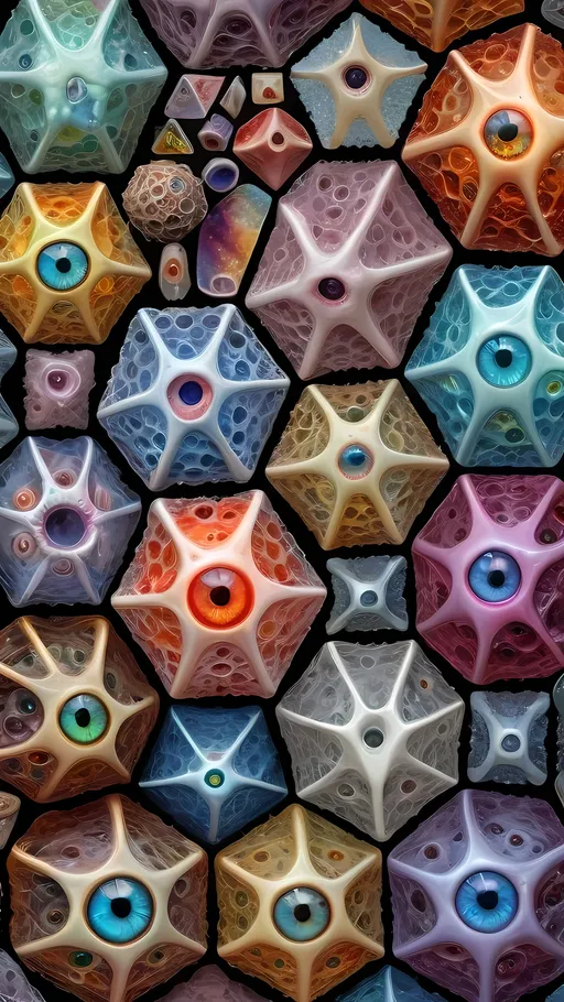 Prompt: an extremely hyper realistic ultra super textural weird trippy surreal psychedelic entity, radiolarians, platonic solids, white, translucent, clear, bright bright pastel colors, oil slick rainbow sheen effect, lots and lots of light, lots of crazy colorful compound psychedelic human eyes, rows of human teeth, fungus, atoms, diatoms, radiolarians, platonic solids