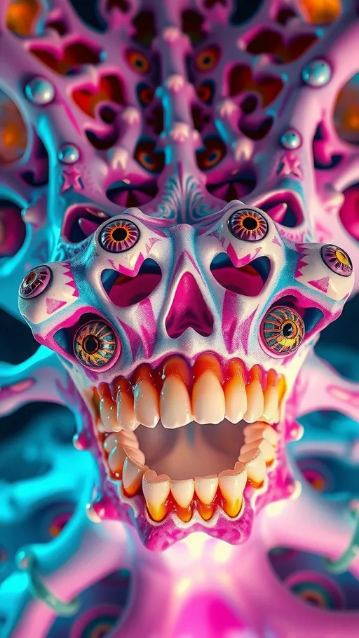 Prompt: an extremely hyper realistic ultra super textural weird trippy surreal psychedelic entity, vicsek fractals, white, translucent, clear, bright bright pastel colors, oil slick rainbow sheen effect, lots and lots of light, lots of crazy colorful compound psychedelic human eyes, rows of human teeth, fungus, atoms, diatoms, vicsek fractal