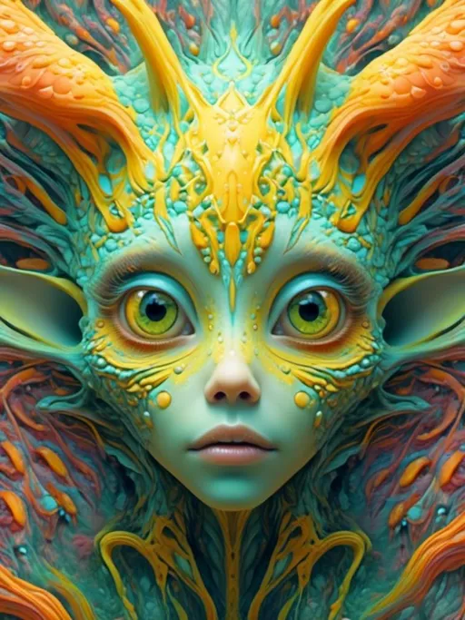 Prompt: <mymodel>an extremely hyper realistic super textural psychedelic entity/creature, trippy, weird, surreal, fractals, multidimensional geometric shapes, eyes, human teeth, lots of light, bright pastel colors, luminous, glowing, extremely textural, yellow, greens, oranges, silver, copper