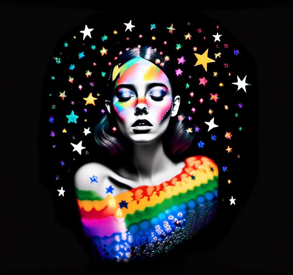 Prompt: a photograph (black and white or halftone) of a woman with multimedia colorful galaxies and stars in her wide eyes who is vomiting pure rainbows and stardust sparkles. She wretches as a beautiful spectrum of colorful light and sparklies made of paint, enamel, glitter, foils, pearl dust, rhinestones, metal, beads, marker, etc spills from her open mouth with force lighting up the room<mymodel>