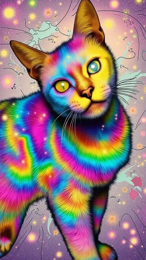 Prompt: A hyper-surreal, psychedelic cosmic cat floating majestically in the astral plane. Its fur is a kaleidoscope of vibrant, iridescent colors—neon blues, electric purples, hot pinks, and shimmering golds—patterned with swirling galaxies, tiny starbursts, and glowing constellations. The cat’s third eye is wide open, glowing intensely with radiant golden light, surrounded by pulsating fractal patterns, sacred geometry, and tiny orbiting planets. Its regular eyes are hypnotic spirals of infinity, reflecting the mysteries of the cosmos. The background is an over-the-top explosion of kitschy astral vibes: a swirling vortex of glittering galaxies, rainbow nebulas, and cosmic dust, with shooting stars streaking across the scene. Surround the cat with holographic energy trails, glowing lotus flowers, and floating crystals that refract light into prismatic rainbows. Add melting textures, glitchy digital distortions, and an ethereal glow to the entire composition for an extra trippy, otherworldly vibe."**

This cat is ready to take on the astral plane *and* your wildest dreams. 🌌✨ Let me know if you want even more kitsch sprinkled in! 😏