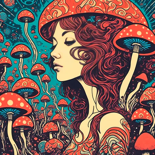 Prompt: <mymodel>Psychedelic poster art of a girl, vibrant colors, trippy visuals, surreal mushrooms, high-quality, detailed illustration, psychedelic, poster art, vibrant colors, surreal, girl, mushrooms, trippy visuals, detailed, professional, surrealistic lighting