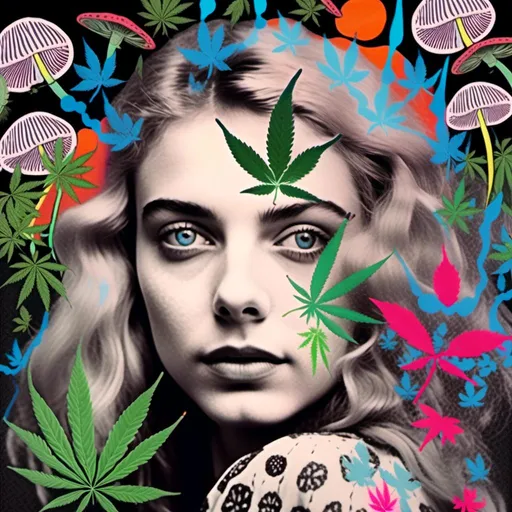 Prompt: <mymodel>Mixed media collage of a girl with long blond curly hair and blue eyes, black and white photograph, pops of vibrant color with cannabis leaves, mushrooms, smoke and fractals in the background, hand-colored, high contrast, psychedelic, detailed facial features, vintage style, atmospheric lighting