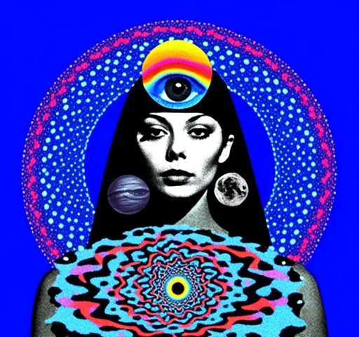 Prompt: <mymodel>Psychedelic collage of a woman, spliced and edited with psychedelic planets, cats, and UFOs, a psychedelic open third eye, incorporating paint, enamel, and found objects, black and white optical illusions, high quality, surreal, vibrant colors, trippy, psychedelic, detailed collage, cosmic theme, colorful lighting surreal collage