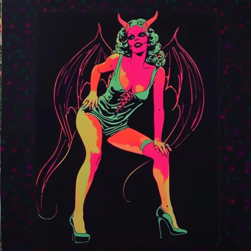 Prompt: <mymodel>Vintage 70s black light poster art of a succubus demoness, latex suit, dancing in pink and orange hued flames of hell, rockabilly pop punk style, vibrant colors, psychedelic, detailed figure, retro vibes, atmospheric lighting, highres, 70s vintage, demoness, latex, flames, rockabilly, pop punk, vibrant colors, psychedelic, retro, detailed, atmospheric lighting