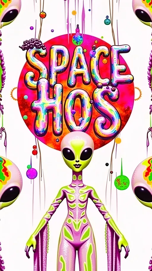 Prompt: **Space Hos - AI Art Prompt**

Create a totally glitchy glitched out artwork featuring the phrase "Space Hos" in a bold, sassy, girly futuristic tech font. The scene is populated by multiple striking green-skinned alien females, each exuding attitude and confidence. They are dressed in avant-garde high fashion with a futuristic edge, showcasing an array of intricate accessories that highlight their alien allure. The scene is being viewed through a retrofuturistic computer screen full of glitches and aberrations 

Each alien boasts a slightly conical-shaped bald head and large, almond-shaped black eyes, adding to their enigmatic charm. They pose with sass and poise, making a statement in the cosmic landscape.

Incorporate a vibrant UFO in the background, teeming with colorful lights that illuminate the scene. The setting is a bustling outer space landscape, complete with an alien planet, swirling asteroids, and cosmic phenomena. Alien glyphs are seamlessly integrated into the design, adding a mysterious layer.

The entire composition is busy and detailed, with every inch filled with tiny elements that captivate the viewer's attention. From the smallest star to the grandest asteroid, the scene is a masterpiece of cosmic chaos and extraterrestrial elegance.