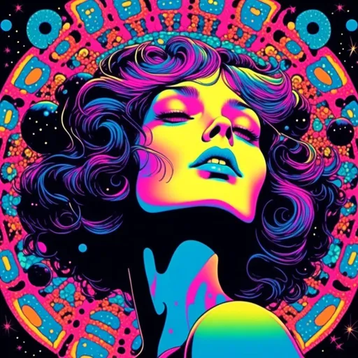 Prompt: <mymodel>Vintage 70s black light poster art illustration, girl hallucinating in space, psychedelic mushrooms, planets, moons, stars, fractals, vibrant colors, intense black light effects, detailed psychedelic girl, cosmic atmosphere, high quality, psychedelic, vintage, space, vibrant colors, fractal details, hallucination, girl illustration, retro art style, cosmic lighting