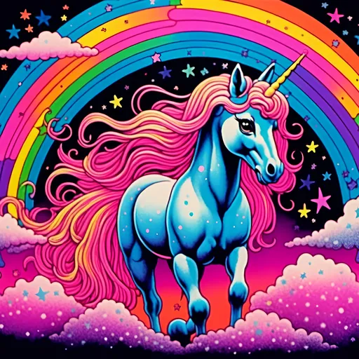 Prompt: <mymodel>Vintage 70s black light poster art illustration of a sparkly unicorn, fluffy white clouds with rainbows, psychedelic colors, retro art style, vibrant neon tones, glowing black light effect, detailed mane and tail, dreamy atmosphere, high quality, retro, psychedelic, vibrant colors, detailed illustration, soft pastel tones, glowing neon, vintage design, fantasy art