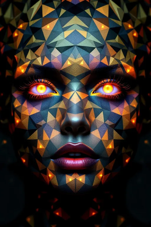 Prompt: Construct her entirely from Laves tilings—dual forms of the Archimedean tilings, vertex-transitive but non-uniform in their cell geometry. Her face is an infinite recursion of dual-polygon tilings, where each vertex is identically arranged, but tiles vary—creating fractal paradoxes of sameness and difference.

Her facial structure ripples in alternating dual forms: triangles, hexagons, rhombi—each nested recursively around a central curvature attractor. Her flesh is the logic of topological inversion. She glows in saturated beams mapped across vertex symmetry using spectral phase indexing:
\text{Hue}(v) = \sin(n \cdot \phi_v + \tau) \mod 1
where \phi_v = vertex curvature twist, n = tile frequency coefficient, and \tau = recursion phase offset.

Eyes are vertex attractors—fractal wells of identical connectivity, where local tile shapes change, but symmetry remains locked. Lips are discontinuities in dual propagation—bent paths through hex-tri hybrid recursion zones. Hair flows as filament lattices of dual tiling recursion: strands made of triangle-hex networks that loop, twist, and mirror through vertex shells.

Her aura is a vertex-symmetry echo: each pulse, a ghost of regularity vibrating in a web of light-locked logic. Sparkle fractals emerge at tiling intersections, radiating crystalline bursts that encode emotional geometry in radiant nodework.

She is made of dual logic: unity in chaos, repetition in recursion, vertex-laced divinity pulsing with fractal memory.
