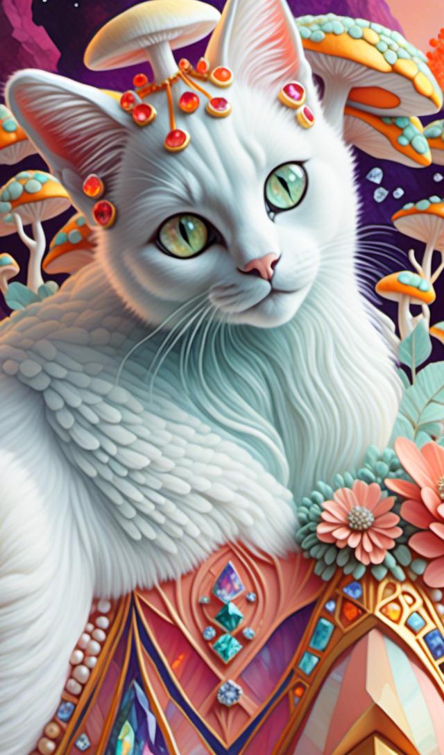 Prompt: <mymodel>White cat princess with flowers and mushrooms, digital painting, pastel colors, fantasy, detailed fur with soft highlights, elegant and regal posture, magical forest setting, high quality, fantasy, digital painting, pastel colors, princess, elegant, detailed fur, magical, regal, flowers, mushrooms, fantasy setting, high quality