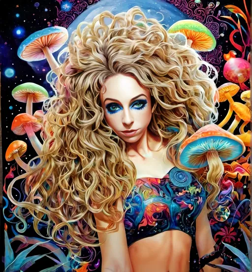 Prompt: A psychedelic trippy bright colorful vivid black light poster illustration of a girl with longish blond curly hair, with psychedelic magic mushrooms, trippy hallucinations, optical illusions and patterns, crystals, moss, forest, moon, geometry fractals