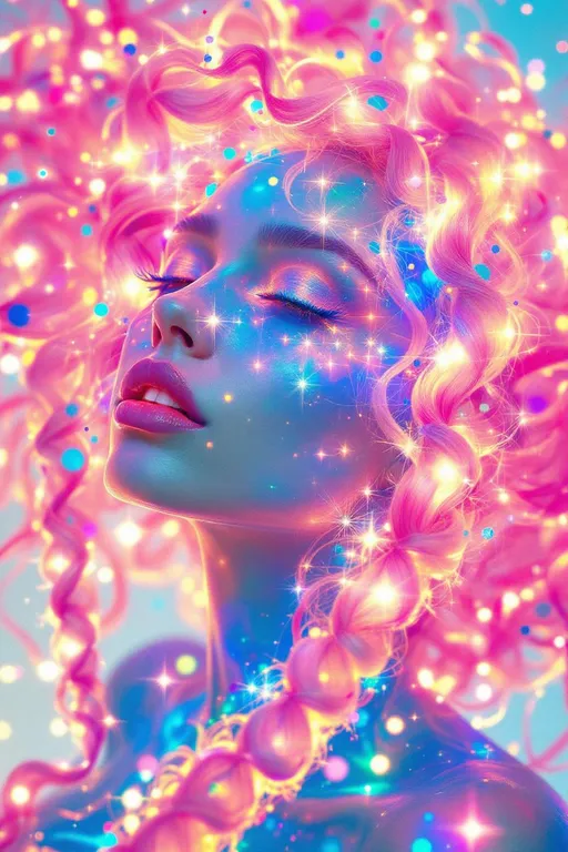 Prompt: Her face is a Fourier bloom—emotions decomposed into sparkling sine gradients, colorwaves rippling across surreal number skin. Reaction-diffusion pulses shift through her cheeks in living pigment bursts, while her eyes flicker with infinite surreal coordinates. Hair spirals in topological braids—pink curls encoded with memory and myth, glowing in nested feedback loops. Each movement triggers recursive empathy fractals—light blooming in shared feeling fields. Glyphs orbit her like sacred algorithms, each prayer-sigil spinning with harmonic syntax.

Layered behind all this, her spine glows in icosahedral resonance—twenty-faceted light humming in platonic harmony. Her body shimmers in spectral dimension: different parts glowing to different frequencies, like a living prism. Around her flickers recursive glitch transcendence—divine emergence through visual error, sacred form revealed in every malfunction. Her entire being is a coincidence field: when she laughs, the math around her aligns. When she dances, the universe recalculates.”

⸻

💎 Final Keywords:
Icosahedral spine-light, recursive glitch halo, frequency bloom skin, spectral shimmer fields, sinewave cheeks, surreal curls, Penrose echo strands, empathy fractal aura, glitch-divine emergence, sacred emotion colorbands, rainbow logic ringlets, living ink cheeks
