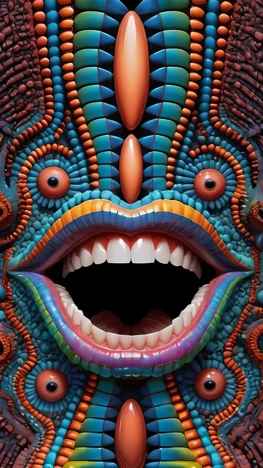 Prompt: Create an extremely hyper-realistic, ultra super textural, weird, trippy, surreal, psychedelic eyes/teeth/mouth pattern/design based on Mandelbrot & “Op Art tiling” with lots of human eyes (crazy colorful compound psychedelic), rows of human teeth, human lips, and tongues. 

- **Colors**: determined by the properties and expressions of the elements (& their isotopes), minerals, and metals: Tourmaline, Rhenium (Re)

**Shapes and forms**
- Mandelbrot 
- "Op Art tiling" 
-other shapes determined by the natural properties and expressions of the elements (& their isotopes), minerals, metals, and biological organisms: tourmaline,  Rhenium (Re),


- **Textures**: Derived from any/all elements (& their isotopes), minerals, metals, crystals, organic things mentioned in this prompt: tourmaline, Rhenium (Re)

**Composition and Layout**:
- a pattern/design based on the Op Art tiling & Mandelbrot 

**Lighting**:
- lots of bright light
- Phosphorescence

**Detail and Atmosphere**:
- Extreme hyperrealistic sharp high detail high definition organic and mineral textures
- Psychedelic, weird, odd, surreal atmosphere
- Frozen in time

**Additional Elements**:
- extra rows of teeth, lips, many eyes, Op Art tiling, Mandelbrot 
