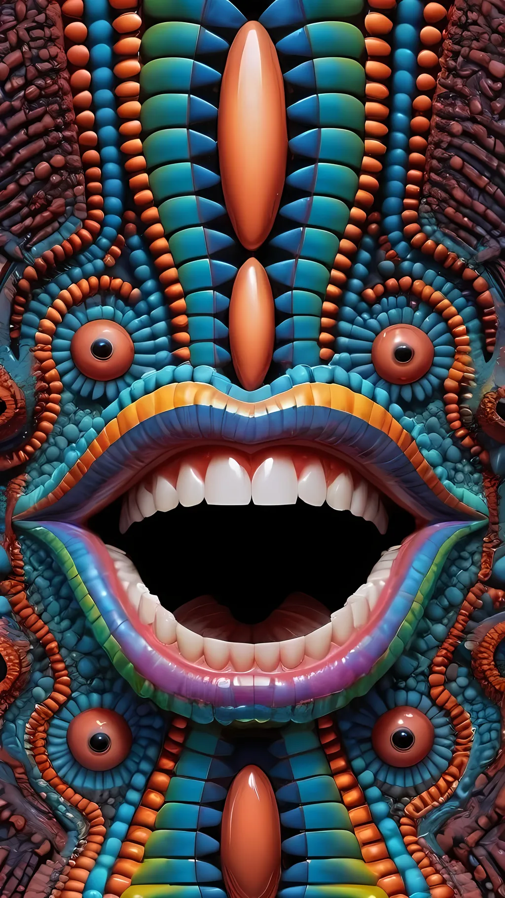 Prompt: Create an extremely hyper-realistic, ultra super textural, weird, trippy, surreal, psychedelic eyes/teeth/mouth pattern/design based on Mandelbrot & “Op Art tiling” with lots of human eyes (crazy colorful compound psychedelic), rows of human teeth, human lips, and tongues. 

- **Colors**: determined by the properties and expressions of the elements (& their isotopes), minerals, and metals: Tourmaline, Rhenium (Re)

**Shapes and forms**
- Mandelbrot 
- "Op Art tiling" 
-other shapes determined by the natural properties and expressions of the elements (& their isotopes), minerals, metals, and biological organisms: tourmaline,  Rhenium (Re),


- **Textures**: Derived from any/all elements (& their isotopes), minerals, metals, crystals, organic things mentioned in this prompt: tourmaline, Rhenium (Re)

**Composition and Layout**:
- a pattern/design based on the Op Art tiling & Mandelbrot 

**Lighting**:
- lots of bright light
- Phosphorescence

**Detail and Atmosphere**:
- Extreme hyperrealistic sharp high detail high definition organic and mineral textures
- Psychedelic, weird, odd, surreal atmosphere
- Frozen in time

**Additional Elements**:
- extra rows of teeth, lips, many eyes, Op Art tiling, Mandelbrot 
