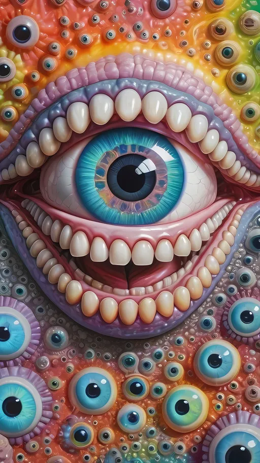 Prompt: an extremely hyper realistic ultra super textural weird trippy surreal psychedelic entity, cissoids , white, translucent, clear, bright bright pastel colors, oil slick rainbow sheen effect, lots and lots of light, lots of crazy colorful compound psychedelic human eyes, rows of human teeth, fungus, atoms, diatoms, cissoids