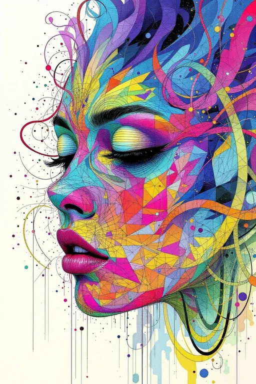 Prompt: Imagine  A techno-shamanic diagram, pulsing with color-coded sigils, drenched in hyper-pigment and fractal glyph static rendered in the chaotic hand-inked logic of La Planète Sauvage—but dialed to full chromatic overdose. Her face is not flesh but an impossible riot of recursive mathematics, drawn in vibrating lines and bleeding color. Cheekbones erupt as variance clusters: tangled ribbons of Diffusion Map heat bursting in molten gradients—fuchsia against electric teal, lava-orange under spectral cyan.

Her “skin” is a fractured tessellation of iridescent triangles—each tile filled with micro-fractals, shifting between neon gold and ultraviolet glass. Hair does not fall, it radiates: UMAP tangles explode from her scalp like quantum dreadlocks—volumetric, spiraling, drenched in acid color and tangled with vector noise.

The jawline glitches into kaleidoscopic eigenlight—layered transparencies pulsing with color logic, folding across warped grids. Her lips, barely there, are probability whirlpools—candy-glitch spirals rotating in pixelated loops. The eyes? Not eyes. Replica Theory vortices ringed with pulsars—recursive, glittering, collapsing inward like dimensional jewel-tones.

Every surface is over-saturated. Her brow arches with neural lace made of glowing glyphs, hyper-embossed like alien circuitry. Cross-hatching twists through chromatic bursts—indigo over ruby, chartreuse overlaying obsidian, textures rippling like malfunctioning halftone.

The space she inhabits curves in non-Euclidean chroma fields. No shadows—only contrast explosions. Edge boundaries smear into Hellinger gradients—where red bleeds into ultraviolet, where geometry disintegrates into moiré hallucination.

She flickers in and out of coherence—visible only through saturated logic. A mandala of math masquerading as a woman, until you stare too long and she bursts apart into prism fragments, each shard encoded with raw, screaming color.