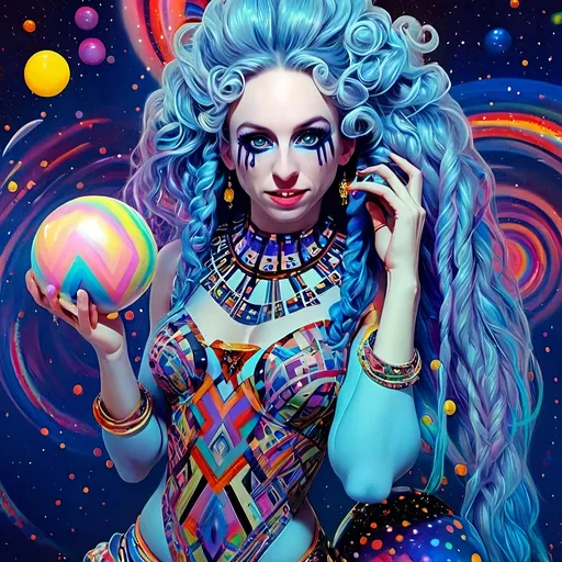 Prompt: A super hyperrealistic yet also illustrative and creative female cosmic jester, made entirely of swirling pure colored light, with long wild curly hair that appears blond but dazzles as a spectrum of hues, floats effortlessly in the heart of a kaleidoscopic nebula. Adorned in avant-garde "astral" jester's attire, her ensemble is a masterpiece of ever-shifting patterns, her definitive jester’s hat extending into infinite fractal shapes that seem to defy the laws of space. Her intricate clown makeup glows with phosphorescent neon greens, electric pinks, and ultraviolet blues, accentuating her mischievous, otherworldly charm. Around her, the stars pulse like strobes in a cosmic dance party, and she juggles shimmering orbs of liquid starlight that burst into tiny galaxies upon contact, each orb reflecting infinite multiversal possibilities. The space surrounding her vibrates with celestial harmonics, a symphony of astral wonder, while an aurora of quantum particles weaves itself into a living tapestry of harlequin diamond fractals, tiling and morphing endlessly. She sparkles and dazzles as her laughter chimes like crystalline bells, embodying the essence of cosmic whimsy and wonder, a living Möbius strip of light and joy in an infinite astral playground.