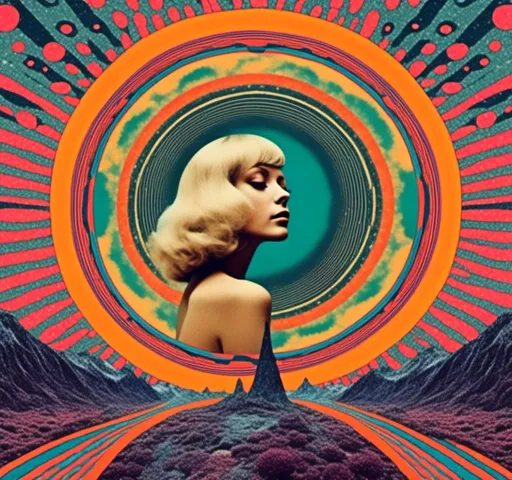 Prompt: <mymodel>Psychedelic trippy collage with a surreal vintage 70s sci-fi feel, vibrant colors, retro futuristic elements, surreal landscapes, detailed psychedelic patterns, high quality, vintage sci-fi, mixed with photograph of a woman with blond curly hair, geometric shape and optical illusions, vibrant colors, surreal, detailed patterns, trippy, collage, 70s, retro futuristic, eyes, surreal landscapes, detailed, atmospheric lighting