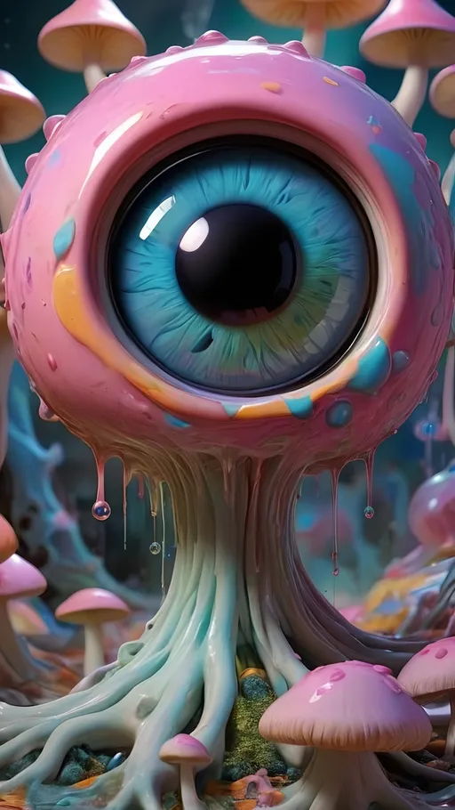 Prompt: Psychedelic, weird, surreal, bizarre, ineffable, numinous, lots of crazy weird inhuman psychedelic trippy eyes, melting, trippy, reality breaking down, hallucinations, drippy, dissolutionment, blobs,atoms, electrons, mushrooms, fractals, multidimensional, oozing, oridescent pastel colors,psychedelic hyper realism, ultra high resolution, surreal, digital art, intense lighting, bright pastel hues, abstract, detailed textures