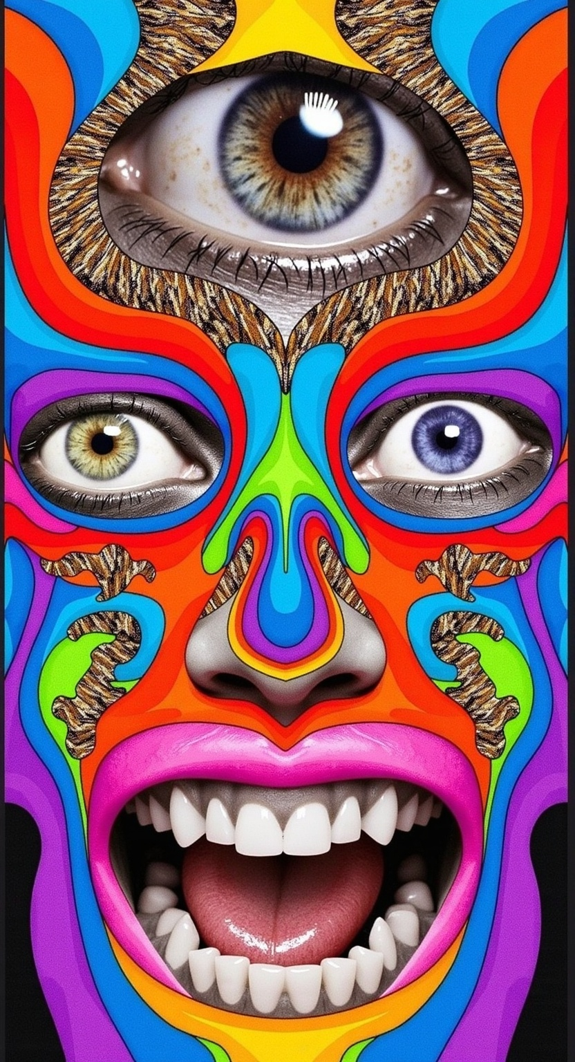 Prompt: Create an extremely hyper-realistic, ultra super textural, weird, trippy, surreal, psychedelic eyes/teeth/mouth pattern/design based on Mandelbrot & “Op Art tiling” with lots of human eyes (crazy colorful compound psychedelic), rows of human teeth, human lips, and tongues. 

- **Colors**: determined by the properties and expressions of the elements (& their isotopes), minerals, and metals: opal, moonstone, Kunzite, selenite, rose quartz, Platinum (Pt)

**Shapes and forms**
- Mandelbrot 
- "Op Art tiling" 
-other shapes determined by the natural properties and expressions of the elements (& their isotopes), minerals, metals, and biological organisms: opal, moonstone, Kunzite, selenite, rose quartz,  Platinum (Pt)


- **Textures**: Derived from any/all elements (& their isotopes), minerals, metals, crystals, organic things mentioned in this prompt: opal, moonstone, Kunzite, selenite, rose quartz, Platinum (Pt)

**Composition and Layout**:
- a pattern/design based on the Op Art tiling & Mandelbrot 

**Lighting**:
- lots of bright light
- Iridescence
- Aventurescence
- Chatoyancy
- Asterism

**Detail and Atmosphere**:
- Extreme hyperrealistic sharp high detail high definition organic and mineral textures
- Psychedelic, weird, odd, surreal atmosphere
- Frozen in time

**Additional Elements**:
- extra rows of teeth, lips, many eyes, Op Art tiling, Mandelbrot, Iridescence