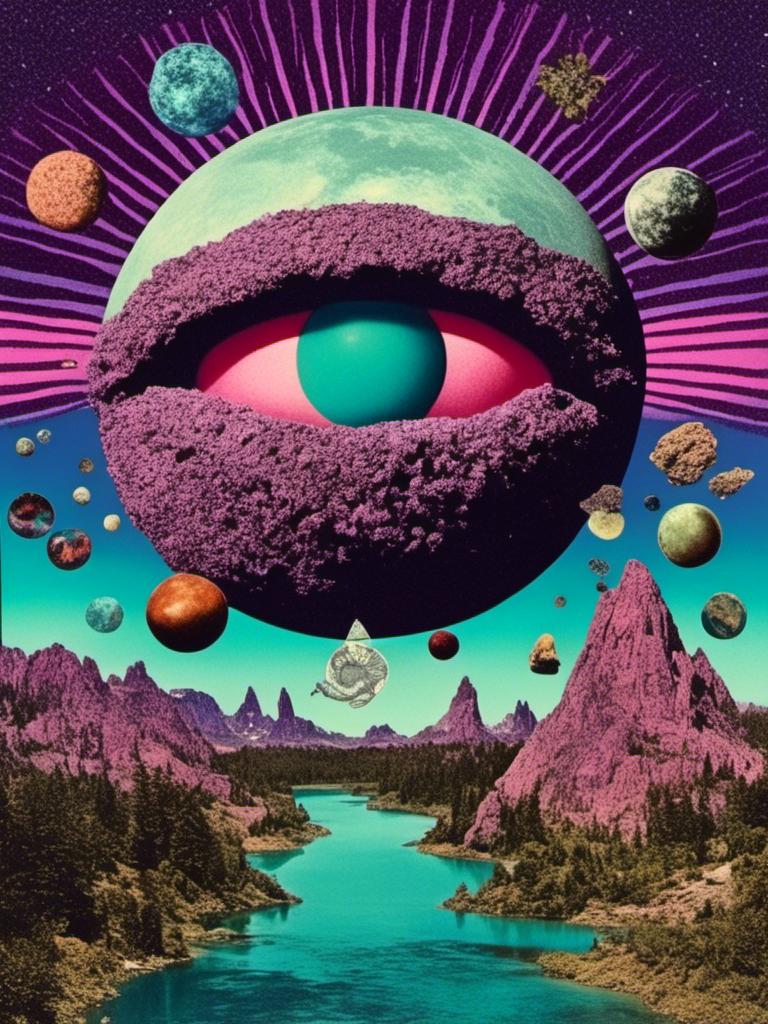 Prompt: <mymodel> A weird trippy surreal vintage psychedelic collage, (cool purples, black & white- teals/purple-blue/seafoam green accents)  cut and paste, optical illusions, psychedelic patterns, alien  landscapes, eyes!!! , UFOs, strange creatures, magic mushrooms, planets/asteroids/space, cats, cheeseburgers, tacos, aliens, weird surreal trippy