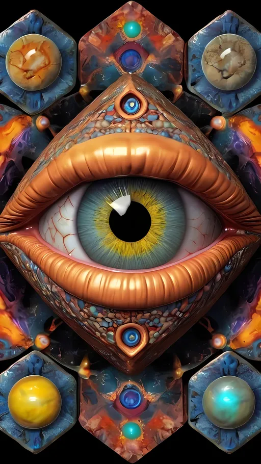 Prompt: Create an extremely hyper-realistic, ultra super textural, weird, trippy, surreal, psychedelic eyes/teeth/mouth pattern/design based on “metatron’s Cube” with lots of human eyes (crazy colorful compound psychedelic), rows of human teeth, human lips, and tongues. 

- **Colors**: determined by the properties and expressions of the elements (& their isotopes), minerals, and metals: Nickel (Ni), Aventurine, Chrysoberyl

**Shapes and forms**
- “Metatron's Cube”
-other shapes determined by the natural properties and expressions of the elements (& their isotopes), minerals, metals, and biological organisms: diatoms, Nickel (Ni), Aventurine, Chrysoberyl


- **Textures**: Derived from any/all elements (& their isotopes), minerals, metals, crystals, organic things mentioned in this prompt: “Metatron's Cube” Nickel (Ni), Aventurine, Chrysoberyl

**Composition and Layout**:
- a pattern/design based on the “Metatron's Cube”

**Lighting**lots and lots of bright shining reflective light
- Trichroism


**Detail and Atmosphere**:
- Extreme hyperrealistic sharp high detail high definition organic and mineral textures
- Psychedelic, weird, odd, surreal atmosphere
- Frozen in time

**Additional Elements**:
- extra rows of teeth, lips, many eyes, diatoms, “Metatron's Cube” , Aventurescence, Chatoyancy
