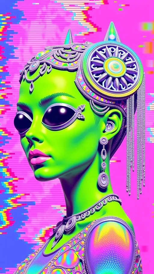 Prompt: **Space Hos - AI Art Prompt**

Create a totally glitchy glitched out artwork featuring the phrase "Space Hos" in a bold, sassy, girly futuristic tech font. The scene is populated by multiple striking green-skinned alien females, each exuding attitude and confidence. They are dressed in avant-garde high fashion with a futuristic edge, showcasing an array of intricate accessories that highlight their alien allure. The scene is being viewed through a retrofuturistic computer screen full of glitches and aberrations 

Each alien boasts a slightly conical-shaped bald head and large, almond-shaped black eyes, adding to their enigmatic charm. They pose with sass and poise, making a statement in the cosmic landscape.

Incorporate a vibrant UFO in the background, teeming with colorful lights that illuminate the scene. The setting is a bustling outer space landscape, complete with an alien planet, swirling asteroids, and cosmic phenomena. Alien glyphs are seamlessly integrated into the design, adding a mysterious layer.

The entire composition is busy and detailed, with every inch filled with tiny elements that captivate the viewer's attention. From the smallest star to the grandest asteroid, the scene is a masterpiece of cosmic chaos and extraterrestrial elegance.