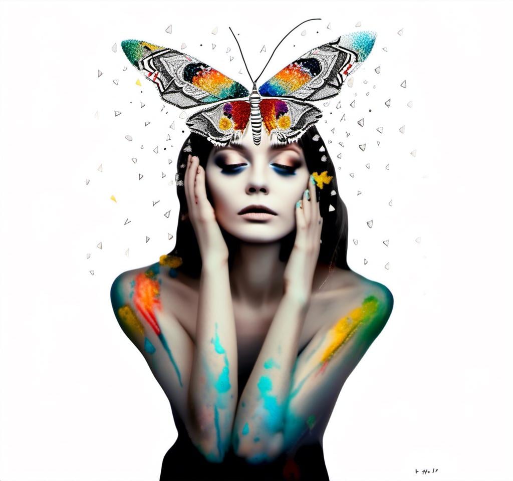 Prompt: a photograph of a woman (color or black and white) with multimedia elements added to create the appearance that she is a beautiful intricate moth, with moth wings and antennae created from paint, paper, photos, glitter, iridescent enamels, nail polish, rhinestones, thread and string, fabric, folded paper etc<mymodel>