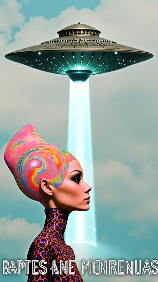 Prompt: Create a hyperrealistic yet illustrative close-up of an alien girl's face and the text phrase “TAKE ME HOME” - Her head is conical-shaped and bald, with large almond-shaped eyes that reflect a mesmerizing array of colored lights. She gazes up at a massive UFO hovering above, its metallic silver surface shimmering with holographic hues. The UFO is adorned with intricate alien designs, showcasing fine, delicate patterns that suggest advanced technology. A ray of light beams down from the UFO, casting a soft glow on her features. The scene is filled with ultra-fine details, blending realism with artistic creativity, capturing an otherworldly beauty.