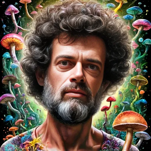 Prompt: Psychedelic poster art illustration of Terence McKenna with brain and psychedelic mushrooms, vibrant and surreal, high detailed, mixed media, trippy color palette, surreal lighting, detailed facial features, psychedelic, surreal, vibrant colors, detailed mushrooms, intricate brain, poster art, high quality, detailed illustration, mixed media, intense and surreal lighting