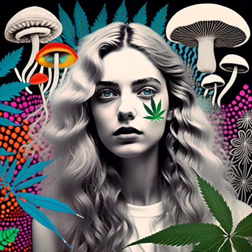 Prompt: <mymodel>Mixed media collage of a girl with long blond curly hair and blue eyes, black and white photograph, pops of vibrant color with cannabis leaves, mushrooms, smoke and fractals in the background, hand-colored, high contrast, psychedelic, detailed facial features, vintage style, atmospheric lighting