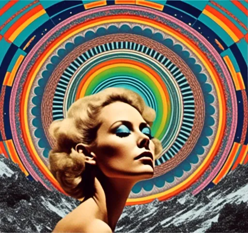 Prompt: <mymodel>Psychedelic trippy collage with a surreal vintage 70s sci-fi feel, vibrant colors, retro futuristic elements, surreal landscapes, detailed psychedelic patterns, high quality, vintage sci-fi, mixed with photograph of a woman with blond curly hair, geometric shape and optical illusions, vibrant colors, surreal, detailed patterns, trippy, collage, 70s, retro futuristic, eyes, surreal landscapes, detailed, atmospheric lighting