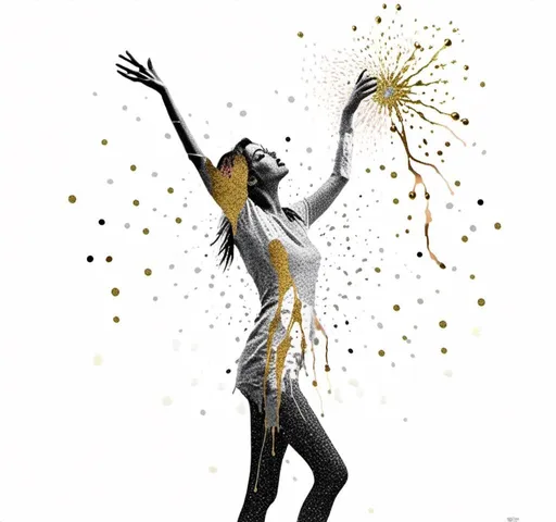 Prompt: <mymodel>Multimedia collage of a woman, black and white photo, dripping real multimedia paint, glitter paint, colored paint, gold, silver, copper, glitter droplets, splashes of color, shine, mixed media, high texture, abstract, art nouveau, dynamic lighting, mixed colors, highres, vibrant, artistic, detailed paint splatters