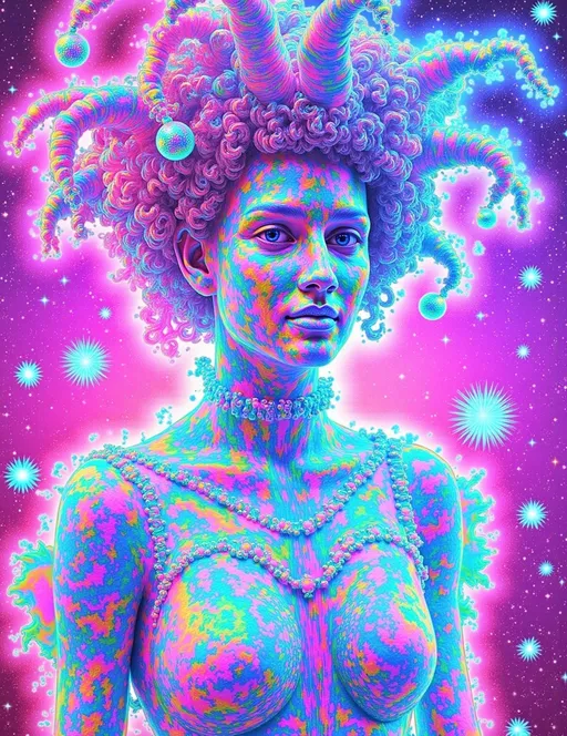 Prompt: A super hyperrealistic yet also illustrative and creative female cosmic jester made entirely of swirling pure colored light stands suspended in an astral gyroscopic vortex, surrounded by an endless lattice of fractal stars. Her wild curly hair erupts in a dazzling pink storm with dark roots, streaked through with living ribbons of spectral color—teal, ultraviolet, and electric chartreuse—all sparkling like cosmic static. Her face is adorned with intricate clown makeup: shimmering diamonds under her eyes, glowing silver contour lines that orbit her cheeks, and a mischievous grin that glints with starlight.

She wears an avant-garde jester costume stitched from auroras and nebular mist—each panel iridescent, shifting like oil on water. The outfit is studded with zero-gravity baubles, anti-gravitational bells that chime with alien harmonics, and dimensional tears revealing glimpses of timelines she hasn’t visited yet. Her jester's hat arches above her like antennae to the multiverse, with tips that bend toward invisible forces and blink in binary rhythms.

Around her, reality has ruptured—space itself bubbles and flexes like breathing velvet. Trapped between layers of cosmic whimsy, she dances across floating rhombic dodecahedra and Möbius-loop pathways, leaving trails of impossible geometry and spectral confetti in her wake. Her ethereal accessories—floating sigils, time-loop earrings, and quantum marionette strings—glitter with ever-shifting colors, embodying the wild sacred prank of existence. She sparkles in continuously changing hues, a sentient embodiment of chaotic joy and interdimensional comedy. The entire scene is rendered in ultra 34k high definition with painterly surrealism and absurdist elegance.
