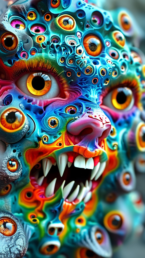 Prompt: Create an extremely hyper-realistic, ultra super textural, weird, trippy, surreal, psychedelic eyes/teeth/mouth pattern/design based on the “labyrinth fractal” & “op art tiling” with lots of human eyes (crazy colorful compound psychedelic), rows of human teeth, human lips, and tongues. 

- **Colors**: determined by the natural properties and expressions of the elements (& their isotopes), raw rough minerals, and metals:
- Molybdenum (Mo)
- Fire Opal

**Shapes and forms**
- main form: “labyrinth fractal”
-other shapes determined by the natural properties and expressions of the elements (& their isotopes), raw rough minerals, metals, and biological organisms: 
- Molybdenum (Mo)
- Fire Opal

- **Textures**: Derived from any/all elements (& their isotopes), minerals, metals, crystals, organic things mentioned in this prompt: 
- “labyrinth fractal”
- Molybdenum (Mo)
- Fire Opal

**Composition and Layout**:
- a pattern/design based on “labyrinth fractal”
- 3 dimensional


**Lighting**
- lots and lots of bright shining reflective light
- opalescence


**Detail and Atmosphere**:
- Extreme hyperrealistic sharp high detail high definition organic and mineral textures
- Psychedelic, weird, odd, surreal atmosphere
- Frozen in time

**Additional Elements**:
- extra rows of teeth, lips, many eyes, “labrynth fractal”, Aventurescence, Chatoyancy