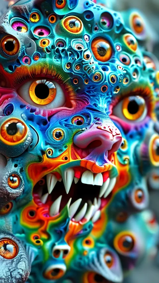 Prompt: Create an extremely hyper-realistic, ultra super textural, weird, trippy, surreal, psychedelic eyes/teeth/mouth pattern/design based on the “labyrinth fractal” & “op art tiling” with lots of human eyes (crazy colorful compound psychedelic), rows of human teeth, human lips, and tongues. 

- **Colors**: determined by the natural properties and expressions of the elements (& their isotopes), raw rough minerals, and metals:
- Molybdenum (Mo)
- Fire Opal

**Shapes and forms**
- main form: “labyrinth fractal”
-other shapes determined by the natural properties and expressions of the elements (& their isotopes), raw rough minerals, metals, and biological organisms: 
- Molybdenum (Mo)
- Fire Opal

- **Textures**: Derived from any/all elements (& their isotopes), minerals, metals, crystals, organic things mentioned in this prompt: 
- “labyrinth fractal”
- Molybdenum (Mo)
- Fire Opal

**Composition and Layout**:
- a pattern/design based on “labyrinth fractal”
- 3 dimensional


**Lighting**
- lots and lots of bright shining reflective light
- opalescence


**Detail and Atmosphere**:
- Extreme hyperrealistic sharp high detail high definition organic and mineral textures
- Psychedelic, weird, odd, surreal atmosphere
- Frozen in time

**Additional Elements**:
- extra rows of teeth, lips, many eyes, “labrynth fractal”, Aventurescence, Chatoyancy