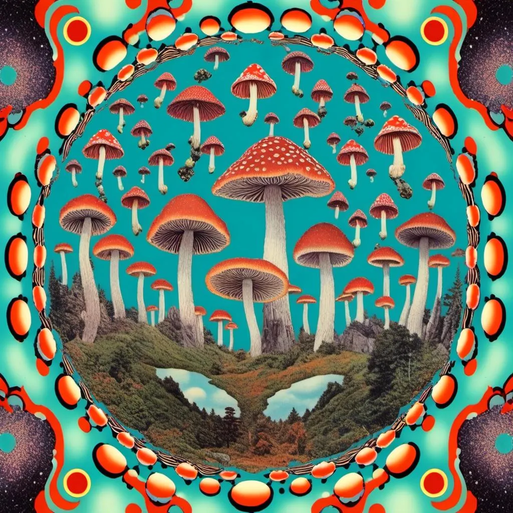 Prompt: a vintage retro psychedelic collage showcasing cut and spliced photos of mushrooms and fungus with surreal landscapes, trippy psychedelic patterns and optical illusions, UFOs, planets & outer space, cats, put together creatively in a Durrell psychedelic collage creation <mymodel>