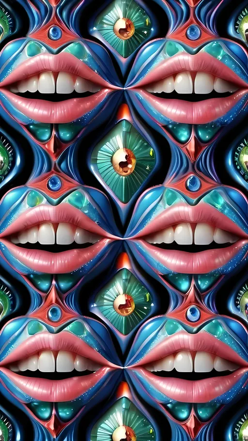 Prompt: Create an extremely hyper-realistic, ultra super textural, weird, trippy, surreal, psychedelic pattern/design based on arabesque tiling, with lots of human eyes (crazy colorful compound psychedelic), rows of human teeth, human lips, and tongues. Include mineral crystal accents.

- **Colors**: Inspired by elements, minerals, and metals such as Rose Quartz, Opal, Peridot, and Terbium.
- **Textures**: Derived from organic elements, minerals, and metals like diatoms, mold, fungus.

**Composition and Layout**:
- Spherical layout/composition
- Arabesque tiling
- hyperbolic forms and structures
-zoomed out creating a surreal pattern/design using arabesque tiling

**Lighting**:
- Lots of bright light

**Detail and Atmosphere**:
- Extreme hyperrealistic sharp high detail high definition organic and mineral textures
- Psychedelic, weird, odd, surreal atmosphere
- Frozen in time

**Additional Elements**:
- Diatoms, extra rows of teeth, lips, many eyes,fungus

Capture this scene using a Leica Summilux-M 35mm t/1.4 ASPH film for a hyper-realistic effect.