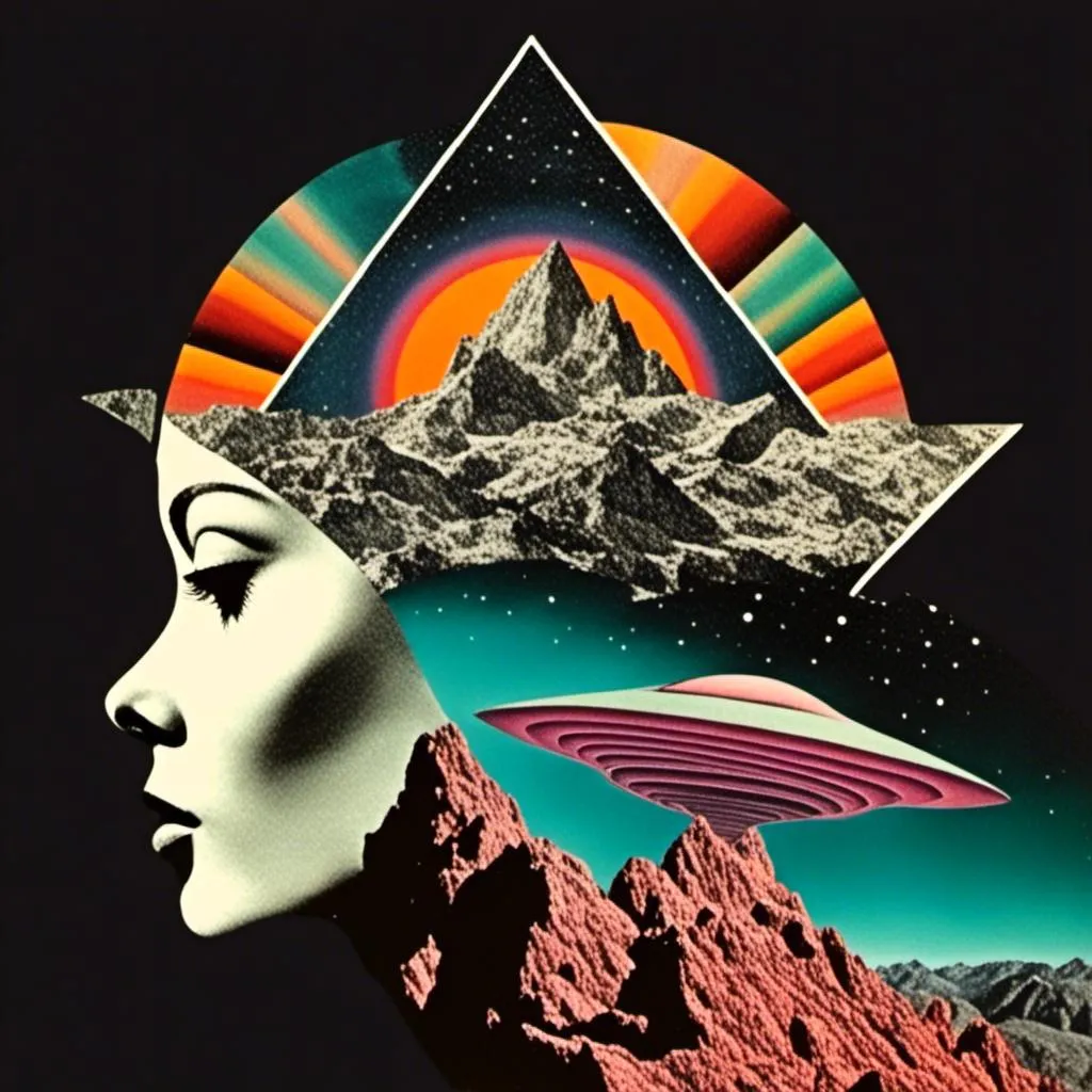 Prompt: a surreal trippy psychedelic collage evoking the feel of vintage sci-fi art. It will be set amongst trippy psychedelic patterns/optical illusions, alien/surreal/mountain landscapes, geometric shapes<mymodel>